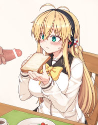 Rule 34 | 1boy, 1girl, antenna hair, bar censor, beads, blonde hair, blush, bread, breasts, censored, cherry tomato, commentary request, eating, food, green eyes, hair beads, hair between eyes, hair ornament, headphones, large breasts, long hair, long sleeves, null (nyanpyoun), penis, plate, sailor collar, school uniform, sitting, solo focus, tomato, tsurumaki maki, voiceroid