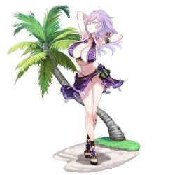 Rule 34 | 1girl, arms behind head, bikini, breasts, dolls order, flower, frilled bikini, frills, grass, hair up, huge breasts, looking at viewer, mole, mole under mouth, morgan (dolls order), official art, palm tree, purple eyes, purple flower, purple hair, purple rose, rose, sand, sandals, sarong, smile, solo, summer, swimsuit, tree