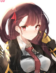 Rule 34 | 1girl, absurdres, asymmetrical bangs, backlighting, bad id, bad pixiv id, black gloves, black jacket, blazer, blush, breasts, closed mouth, commentary, framed breasts, girls&#039; frontline, glint, gloves, hair ribbon, half updo, head rest, highres, jacket, long hair, long sleeves, looking at viewer, necktie, nose blush, purple hair, red eyes, red necktie, red ribbon, ribbon, simple background, solo, split mouth, upper body, wa2000 (girls&#039; frontline), white background, yanggang