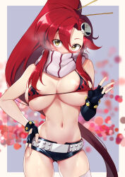 Rule 34 | 1girl, absurdres, areola slip, belt, bikini, bikini top only, blush, breasts, flame print, hair ornament, highres, large breasts, long hair, looking at viewer, momihige, no shirt, ponytail, red hair, scarf, short shorts, shorts, skull hair ornament, solo, striped clothes, striped scarf, studded belt, swimsuit, tengen toppa gurren lagann, very long hair, yellow eyes, yoko littner