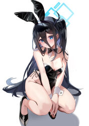 Rule 34 | 1girl, absurdly long hair, absurdres, animal ears, aris (blue archive), black bow, black footwear, black hair, black leotard, blue archive, blue eyes, blue halo, blush, bow, breasts, closed mouth, detached collar, fake animal ears, fingernails, full body, halo, highres, leotard, long hair, looking at viewer, medium breasts, one eye closed, pomegranate nana, rabbit ears, shoes, simple background, smile, solo, squatting, strapless, strapless leotard, very long hair, white background, wrist cuffs