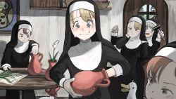 Rule 34 | 1boy, 5girls, arm grab, basket, beard, bird, blonde hair, blue eyes, blush, brown eyes, brown hair, chicken, clumsy nun (diva), crying, diva (hyxpk), door, duck, facial hair, father (diva), flower, freckles, froggy nun (diva), habit, hammer, highres, holding, holding hammer, hungry nun (diva), in container, lily (flower), little nuns (diva), making-of available, multiple girls, nun, open mouth, owl, painting (object), picture frame, priest, red eyes, red hair, sheep nun (diva), spicy nun (diva), stuck, sunglasses, sweatdrop, table, tears, traditional nun, vase, veil, when you see it, worried, yellow eyes