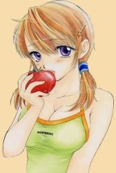 Rule 34 | bare shoulders, breasts, brown hair, cleavage, food, hair ornament, hair tubes, hairclip, large breasts, purple eyes, solo, tank top, tomato, twintails