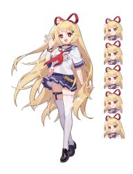 Rule 34 | 1girl, arm at side, black footwear, blonde hair, blouse, choker, chunrijun (springer), copyright request, expressions, full body, hand up, highres, loafers, long hair, looking at viewer, multiple views, neckerchief, open mouth, pleated skirt, red eyes, red neckerchief, sailor collar, school uniform, shirt, shoes, short sleeves, simple background, skirt, standing, thighhighs, white background, white thighhighs