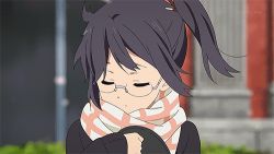 Rule 34 | 10s, 1girl, animated, animated gif, asagiri shiori, black eyes, black hair, cardigan, glasses, lowres, scarf, side ponytail, solo, tamako market