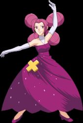 Rule 34 | 1girl, alternate color, bare shoulders, breasts, cleavage, collarbone, creatures (company), dancer, dress, elbow gloves, fantina (pokemon), game freak, gloves, gym leader, long hair, looking at viewer, nintendo, pokemon, pokemon (anime), purple eyes, purple hair, quad tails, shiny skin, shoes, smile, solo, white gloves