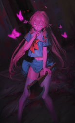 Rule 34 | 1girl, absurdres, axe, blood, blood on ground, blood on wall, bloody weapon, blue shirt, blue sky, bow, bug, butterfly, closed mouth, dark background, finger to mouth, fingernails, gasai yuno, hair bow, highres, holding, holding axe, holding weapon, insect, long hair, looking at viewer, mirai nikki, navel, pink hair, red neckwear, shirt, sidelocks, sky, sleeveless, smile, smirk, solo, standing, very long hair, weapon, white legwear, yellow eyes, zqxsh666