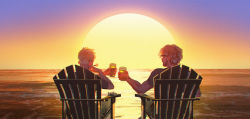 Rule 34 | 2boys, alcohol, ashtray, beach, beer, beer mug, blonde hair, chair, character request, cigarette, cup, drink, facial hair, glasses, highres, holding, holding cup, hotline miami, jacket, male focus, meipu hm, mug, multiple boys, ocean, outdoors, pants, richard (hotline miami), shirt, short hair, sitting, smoke, smoking, stubble, sun, sunset, toasting (gesture)
