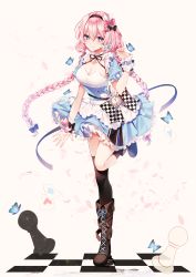 Rule 34 | 1girl, absurdres, alternate costume, asymmetrical legwear, black thighhighs, blue dress, blue eyes, boots, braid, breasts, bug, butterfly, checkered floor, chess piece, cleavage, dress, epic seven, hair ribbon, hairband, highres, insect, leg up, long hair, medium breasts, petals, pink hair, pocket watch, ribbon, short sleeves, sidelocks, simple background, solo, taya oco, tenebria (epic seven), thighhighs, twin braids, uneven legwear, watch, white background, wrist cuffs