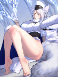 Rule 34 | 1girl, animal ears, arknights, bare legs, barefoot, black undershirt, blue nails, breasts, closed mouth, crop top, feet, full body, fur-trimmed jacket, fur collar, fur trim, gloves, hair between eyes, hair over one eye, half gloves, hand up, highres, ice, jacket, knees together feet apart, large breasts, legs, long hair, long skirt, looking at viewer, material growth, nail polish, off shoulder, oripathy lesion (arknights), santalla (arknights), shirt, sitting, skirt, sleeveless, sleeveless shirt, soles, solo, tail, thick thighs, thighs, tiptoes, toenail polish, toenails, toes, white gloves, white hair, white headwear, white jacket, white shirt, white skirt, yamauchi (conan-comy), yellow eyes