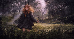 Rule 34 | 1girl, absurdres, animal ears, arm at side, black dress, black jacket, brown eyes, brown hair, closed mouth, day, dress, expressionless, flower, forest, grass, hair flower, hair ornament, highres, holding, holding wand, jacket, lavender quartz, lm7 (op-center), long hair, long sleeves, looking up, nature, open clothes, open jacket, outdoors, outstretched hand, plant, sky, solo, stairs, standing, torabishi lana, tree, wand, wavy hair, white flower, zipper
