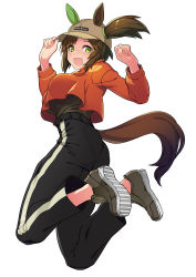 Rule 34 | 1girl, animal ears, brown hair, casual, commentary request, freckles, full body, green eyes, hat, highres, horse ears, horse girl, horse tail, ines fujin (umamusume), looking at viewer, medium hair, pants, shoes, side ponytail, solo, tail, tsukinami kousuke, umamusume, white background