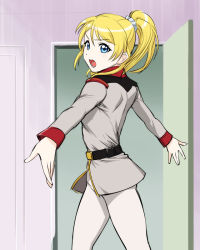 Rule 34 | 10s, 1girl, ayase eli, blonde hair, blue eyes, bright noa, bright noa (cosplay), company connection, cosplay, gundam, looking at viewer, love live!, love live! school idol project, military, military uniform, mobile suit gundam, open mouth, parody, sketch, solo, standing, sunrise (company), ueyama michirou, uniform