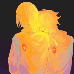 Rule 34 | 2boys, absurdres, ahoge, black background, chinese commentary, commentary request, from behind, haikyuu!!, highres, hinata shouyou, hood, hood down, hooded jacket, jacket, kozume kenma, leaning on person, male focus, messy hair, multiple boys, orange theme, sea-211, shirt, short hair, simple background, turtleneck, turtleneck shirt, upper body
