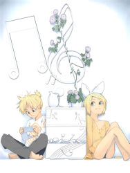 Rule 34 | 1boy, 1girl, akinbo (hyouka fuyou), bad id, bad pixiv id, barefoot, blonde hair, brother and sister, flower, frown, green eyes, hair ornament, hair ribbon, hairclip, handheld game console, kagamine len, kagamine rin, musical note, playstation portable, ribbon, short hair, siblings, sitting, smile, twins, vocaloid