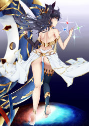 Rule 34 | 1girl, armlet, ass, asymmetrical legwear, asymmetrical sleeves, bare shoulders, barefoot, bikini, black hair, black thighhighs, bracelet, earrings, fate/grand order, fate (series), feet, from behind, gem, highres, hoop earrings, ishikane aoi, ishtar (fate), jewelry, long hair, neck ring, panties, red eyes, shiny skin, showgirl skirt, single thighhigh, skirt, smile, solo, sparkle, standing, swimsuit, thighhighs, toes, tohsaka rin, twintails, two side up, underwear, uneven legwear, uneven sleeves, white bikini
