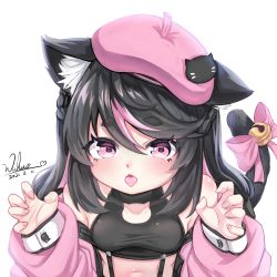 Rule 34 | animal ear fluff, animal ears, backlighting, bare shoulders, bell, belly, black hair, black shirt, blush, bow, braid, breasts, cat-shaped pupils, cat cutout, cat ears, cat tail, claw pose, clothing cutout, crop top, crown braid, dated, eyelashes, fang, hands up, hat, highres, jacket, long hair, long sleeves, midriff, multicolored hair, navel, off-shoulder jacket, off shoulder, open mouth, original, pink bow, pink eyes, pink hair, pink headwear, pink jacket, shirt, short eyebrows, signature, simple background, sleeveless, sleeveless shirt, small breasts, swept bangs, symbol-shaped pupils, tail, tail bell, tail bow, tail ornament, tongue, tongue out, upper body, white background, wuhuo