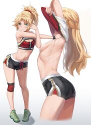 Rule 34 | 1girl, alternate hairstyle, armpits, arms up, black shorts, blonde hair, blush, braid, breasts, clothes lift, convenient censoring, crop top, dolphin shorts, fate/apocrypha, fate (series), french braid, full body, green eyes, grey sports bra, hair ornament, hair scrunchie, highres, long hair, looking at viewer, mordred (fate), mordred (fate/apocrypha), multiple views, navel, parted bangs, ponytail, red scrunchie, red shirt, scrunchie, shirt, short shorts, shorts, sidelocks, small breasts, smile, sports bra, sports bra lift, stretching, toned, tonee, two-tone shirt, variant set, white shirt