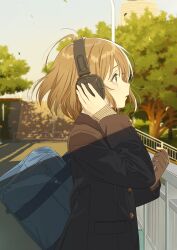 Rule 34 | 1girl, absurdres, bag, black coat, blue bag, blush, brown hair, building, cardigan, coat, commentary, crying, crying with eyes open, dappled sunlight, english commentary, from side, green eyes, hand on headphones, handrail, headphones, hechima (issindotai), highres, lamppost, looking to the side, original, school bag, shadow, short hair, sidelocks, solo, streaming tears, sunlight, tears, tree, wistful, yellow cardigan