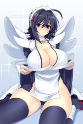 Rule 34 | 1girl, ahoge, black hair, black thighhighs, blue eyes, blush, breast rest, breasts, breasts on tray, carried breast rest, carrying, choker, cleavage, commentary, english commentary, flipped hair, hair between eyes, hair ornament, hairclip, holding, holding plate, iroha (samurai spirits), japanese clothes, large breasts, lindaroze, maid, maid headdress, plate, samurai spirits, short hair, sitting, solo, thighhighs, wariza