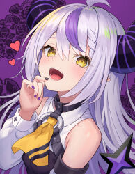 Rule 34 | 1girl, ahoge, artist name, ascot, bare shoulders, black nails, braid, commentary request, demon girl, demon horns, detached sleeves, fangs, grey hair, hair between eyes, hand to own mouth, heart, highres, hololive, horns, la+ darknesss, long hair, long sleeves, looking at viewer, multicolored hair, multicolored nails, o-ring, open mouth, oridays, pointy ears, purple hair, purple nails, sidelocks, smile, solo, streaked hair, striped horns, teeth, upper body, virtual youtuber, yellow ascot