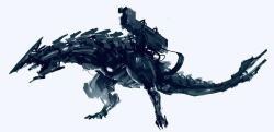 Rule 34 | commentary, dinosaur, from side, grey background, highres, horizon (video game), horizon zero dawn, korean commentary, looking ahead, mecha, mechanical tail, no humans, original, robot, science fiction, siku199, solo, standing, tail