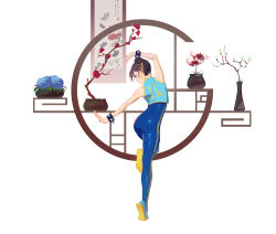 Rule 34 | 1girl, absurdres, arms up, ass, blue footwear, blue unitard, bracelet, brown hair, capcom, chun-li, closed mouth, double bun, fighting stance, from behind, full body, hair bun, highres, jewelry, plant, potted plant, shoes, simple background, sleeveless, sneakers, solo, some1else45, spiked bracelet, spikes, standing, standing on one leg, street fighter, tiptoes, tree, unitard, white background
