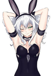 Rule 34 | 1girl, ;), animal ears, armpits, arms behind head, arms up, bare shoulders, black leotard, black sister, blush, breasts, detached collar, drill hair, embarrassed, fake animal ears, green eyes, hair between eyes, highres, leotard, long hair, navel, neptune (series), one eye closed, power symbol, power symbol-shaped pupils, rabbit ears, seshiro (which501), silver hair, simple background, small breasts, smile, solo, symbol-shaped pupils, twin drills, twintails, white background