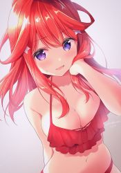Rule 34 | 1girl, :d, amedamacon, artist name, bare arms, bare shoulders, bikini, blush, breasts, cleavage, collarbone, commentary request, dutch angle, go-toubun no hanayome, grey background, hair between eyes, hair ornament, hand up, highres, long hair, looking at viewer, medium breasts, nakano itsuki, navel, open mouth, purple eyes, red bikini, red hair, signature, smile, solo, star (symbol), star hair ornament, sweat, swimsuit, upper body