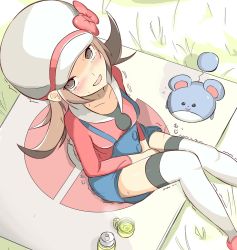 Rule 34 | 1girl, animal ears, between legs, black eyes, blue shorts, blush, bow, brown eyes, brown hair, collarbone, creatures (company), cup, drink, embarrassed, from above, game freak, gen 2 pokemon, grass, hand between legs, hat, have to pee, knees together feet apart, looking at viewer, looking up, lyra (pokemon), marill, mat, muroi (fujisan0410), nintendo, open mouth, outdoors, overalls, picnic, pokemon, pokemon (creature), red bow, shoes, short hair, short twintails, shorts, sitting, smile, steam, suspenders, sweat, tail, tea, teacup, tears, text focus, thermos, thigh strap, thighhighs, trembling, twintails, white hat, white thighhighs, zettai ryouiki