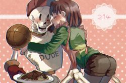 Rule 34 | 1boy, 1other, androgynous, apron, ass, basketball, blush, chara (undertale), chocolate, closed eyes, food, hat, open mouth, pantyhose, papyrus (undertale), pasta, shirt, shorts, shousan (hno3syo), skeleton, smile, source request, spaghetti, striped clothes, striped shirt, undertale