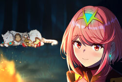Rule 34 | 2girls, blush, campfire, closed mouth, dromarch (xenoblade), earrings, full body, highres, jewelry, looking at viewer, multiple girls, nia (xenoblade), portrait, poteto (potetosarada123), pyra (xenoblade), red hair, short hair, sleeping, smile, tiara, xenoblade chronicles (series), xenoblade chronicles 2