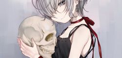 Rule 34 | 1girl, bad id, bad twitter id, bags under eyes, camisole, close-up, collarbone, dancho (dancyo), earrings, eyelashes, from side, grey eyes, hair over one eye, highres, holding, holding skull, jewelry, light smile, looking at viewer, neck ribbon, original, red ribbon, ribbon, silver hair, skull, solo