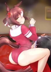 Rule 34 | 1girl, absurdres, animal ears, ass, blurry, blurry background, blush, commentary request, commission, fine motion (umamusume), folded ponytail, hair ornament, highres, horse ears, horse girl, horse tail, jacket, looking at viewer, looking back, mechanical bull, shiodanx, skeb commission, smile, solo, steaming body, sweat, tail, thighs, track jacket, umamusume