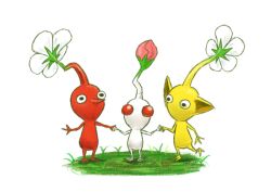 Rule 34 | black eyes, bud, colored skin, commentary request, flower, grass, holding hands, leg up, looking at another, looking at viewer, nintendo, no humans, no mouth, outstretched arm, pikmin (creature), pikmin (series), pointy ears, pointy nose, red eyes, red pikmin, red skin, shadow, simple background, solid circle eyes, straight-on, white background, white flower, white pikmin, white skin, yamato koara, yellow pikmin, yellow skin