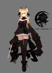 Rule 34 | 1girl, absurdres, animal ears, bare shoulders, black footwear, black hakama, black skirt, black thighhighs, blonde hair, blunt bangs, boots, breasts, brown eyes, closed mouth, copyright name, detached collar, frilled skirt, frills, full body, grey background, hair ornament, hair over one eye, hakama, hakama short skirt, hakama skirt, highres, holding, holding sword, holding weapon, japanese clothes, logo, looking at viewer, medium breasts, obi, one eye covered, pixiv fantasia, pixiv fantasia t, platform footwear, pleated skirt, sash, simple background, skirt, smoke, solo, standing, sword, thighhighs, walking, weapon, xiaoxiao, zettai ryouiki