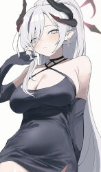 Rule 34 | 1girl, bare shoulders, black dress, black halo, black horns, blue archive, blush, breasts, cleavage, closed mouth, collarbone, covered navel, criss-cross halter, demon horns, dress, earrings, elbow gloves, gloves, grey hair, hair over one eye, halo, halterneck, highres, horns, jewelry, large breasts, long hair, looking at viewer, makoto (blue archive), makoto (dress) (blue archive), medium breasts, multiple horns, official alternate costume, pointy ears, ponytail, ran (bearsoymilk), red halo, simple background, solo