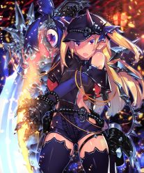 Rule 34 | 10s, 1girl, artist request, bare shoulders, belt, blonde hair, bracelet, capelet, clothing cutout, cygames, demon eater, gauntlets, glowing, glowing sword, glowing weapon, hat, horns, huge weapon, jewelry, lantern, long hair, official art, pointy ears, pointy footwear, puffy sleeves, red eyes, ribbon, shadowverse, shingeki no bahamut, shoes, side cutout, skull, sword, thighhighs, weapon