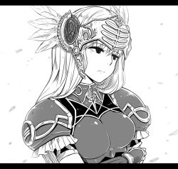 Rule 34 | 1girl, armor, armored dress, breasts, closed mouth, feathers, greyscale, helmet, kitayama miuki, lenneth valkyrie, letterboxed, long hair, monochrome, simple background, solo, valkyrie, valkyrie profile (series), very long hair, white background, winged helmet