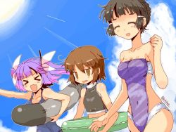 Rule 34 | &gt; &lt;, 10s, 3girls, :d, adapted costume, artist name, blue hair, blush, breasts, brown eyes, brown hair, closed eyes, cloud, cloudy sky, day, fang, hair bun, hair ornament, hair ribbon, hairband, i-19 (kancolle), innertube, kanoe soushi, kantai collection, large breasts, long hair, multiple girls, myoukou (kancolle), one-piece swimsuit, open mouth, outstretched arm, ribbon, school swimsuit, short hair, single hair bun, sky, smile, sun, swim ring, swimsuit, torpedo, tri tails, twintails, twitter username, wakaba (kancolle), xd