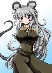 Rule 34 | 1girl, alternate hair length, alternate hairstyle, animal ears, aotukidenjyurou, arms behind back, blush, breasts, capelet, female focus, gem, grey hair, jewelry, large breasts, long hair, mouse ears, mouse tail, nazrin, necklace, aged up, pendant, red eyes, shirt, skirt, skirt set, smirk, solo, tail, touhou