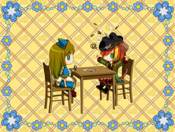 Rule 34 | 1boy, 1girl, alice liddell (kuni no alice), animal ears, apron, aqua eyes, arms up, badge, boots, bow, card, chair, cheese, chibi, dress, closed eyes, fall, falling, floating card, flower, food, game cg, green eyes, hair bow, hair over one eye, hat, heart no kuni no alice, streaked hair, holding, holding card, mouse ears, mouse tail, multicolored hair, necktie, outstretched arms, pierce villiers, playing card, puffy sleeves, sitting, skirt, surprised, sweat, table, tail, wristband