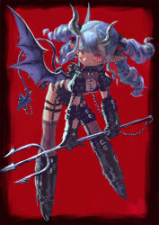 Rule 34 | 1girl, apron, arm belt, asymmetrical legwear, bent over, bikini, black apron, black bikini, black collar, black footwear, black gloves, blue hair, blush, boots, breasts, chain, collar, demon girl, demon horns, demon tail, demon wings, drill hair, ear piercing, full body, garter straps, gloves, highres, holding trident, horns, jonpei, long hair, medium breasts, original, piercing, pointy ears, polearm, puffy short sleeves, puffy sleeves, quad drills, red background, red eyes, short sleeves, shrug (clothing), solo, swimsuit, tail, tail ornament, tail piercing, thigh strap, thighhighs, trident, wavy mouth, weapon, wing piercing, wings
