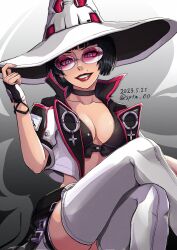 Rule 34 | 1girl, adjusting clothes, adjusting headwear, alternate color, black choker, black hair, boots, breasts, choker, cleavage, fingerless gloves, gloves, grin, guilty gear, guilty gear strive, hat, highres, i-no, large breasts, looking at viewer, mole, mole above mouth, pink-tinted eyewear, purple eyes, red lips, short hair, sitting, smile, sptn 00, sunglasses, thigh boots, tinted eyewear, venus symbol, white footwear, white gloves, white headwear, witch hat