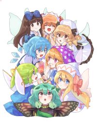 Rule 34 | 6+girls, ^ ^, aqua hair, bad id, bad pixiv id, beret, blonde hair, blue bow, blue eyes, blue hair, blush, bow, brown eyes, brown hair, butterfly wings, cheunes, cirno, closed eyes, clownpiece, commentary, daiyousei, double v, drill hair, eternity larva, facing viewer, fairy wings, grin, hair bow, hand up, hands on own cheeks, hands on own face, hands up, hat, hat bow, hat ribbon, headdress, highres, holding, holding torch, ice, ice wings, index finger raised, insect wings, jester cap, lily white, long hair, looking at another, looking at viewer, looking up, luna child, multiple girls, orange hair, pink bow, polka dot, polka dot headwear, puffy short sleeves, puffy sleeves, purple eyes, red ribbon, ribbon, short hair, short sleeves, side ponytail, simple background, smile, star (symbol), star print, star sapphire, sunny milk, torch, touhou, v, v-shaped eyebrows, white background, white headwear, wings, yellow bow