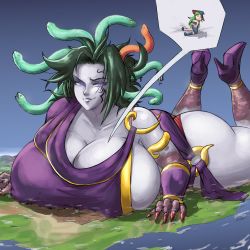 Rule 34 | 2girls, absurdres, ass, blush, breasts, cleavage, colored skin, covered erect nipples, crossed arms, fangs, female focus, giant, giantess, green hair, hat, highres, huge ass, huge breasts, kid icarus, la potato, lying, medusa (kid icarus), multiple girls, nintendo, on stomach, palutena, panties, purple eyes, sideboob, size difference, snake hair, tattoo, underwear, white skin, witch hat