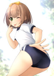 Rule 34 | 1girl, ;p, absurdres, akanbe, ass, ass focus, blue buruma, blurry, blurry background, bob cut, bow, brown hair, buruma, closed mouth, commentary request, commission, depth of field, eyelid pull, from behind, green eyes, gym shirt, gym uniform, hair between eyes, hair bow, hairband, highres, looking at viewer, looking back, one eye closed, original, pixiv commission, puffy short sleeves, puffy sleeves, shibacha, shirt, short sleeves, smile, solo, tongue, tongue out, white shirt, yellow bow, yellow hairband