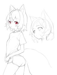 Rule 34 | 1girl, absurdres, animal ear fluff, animal ears, blush, breasts, chestnut mouth, cowboy shot, crossed bangs, ellu, fox ears, fox girl, fox tail, greyscale, highres, looking at viewer, looking back, monochrome, multiple views, original, red eyes, shirt, short hair, short shorts, short sleeves, shorts, sideways glance, sketch, small breasts, spot color, t-shirt, tail
