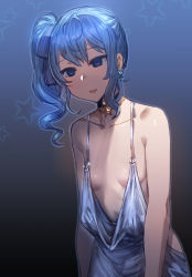Rule 34 | 1girl, :d, azur lane, bare shoulders, black background, blue background, blue eyes, blue hair, bow (bhp), breast conscious, breasts, choker, cleavage, collarbone, cosplay, dress, earrings, empty eyes, gradient background, grey background, grey dress, hair between eyes, halter dress, halterneck, hololive, hoshimachi suisei, jewelry, long hair, look-alike, open mouth, outline, oversized clothes, revision, see-through, shiny skin, side ponytail, sidelocks, silver dress, small breasts, smile, solo, spaghetti strap, split mouth, st. louis (azur lane), st. louis (azur lane) (cosplay), st. louis (luxurious wheels) (azur lane), standing, star (symbol), star choker, star earrings, star in eye, starry background, symbol in eye, virtual youtuber