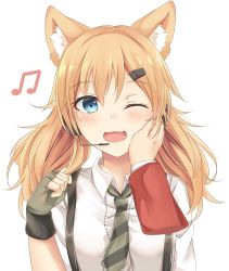 Rule 34 | 1girl, :3, absurdres, animal ears, blonde hair, blouse, blue eyes, blush, buwad, cat ears, collared shirt, dog tags, fingerless gloves, girls&#039; frontline, gloves, hair ornament, hairclip, hand on another&#039;s cheek, hand on another&#039;s face, headpat, highres, idw (girls&#039; frontline), long hair, looking at viewer, musical note, necktie, one eye closed, open mouth, pov, shirt, smile, solo focus, suspenders, twintails, upper body, white shirt